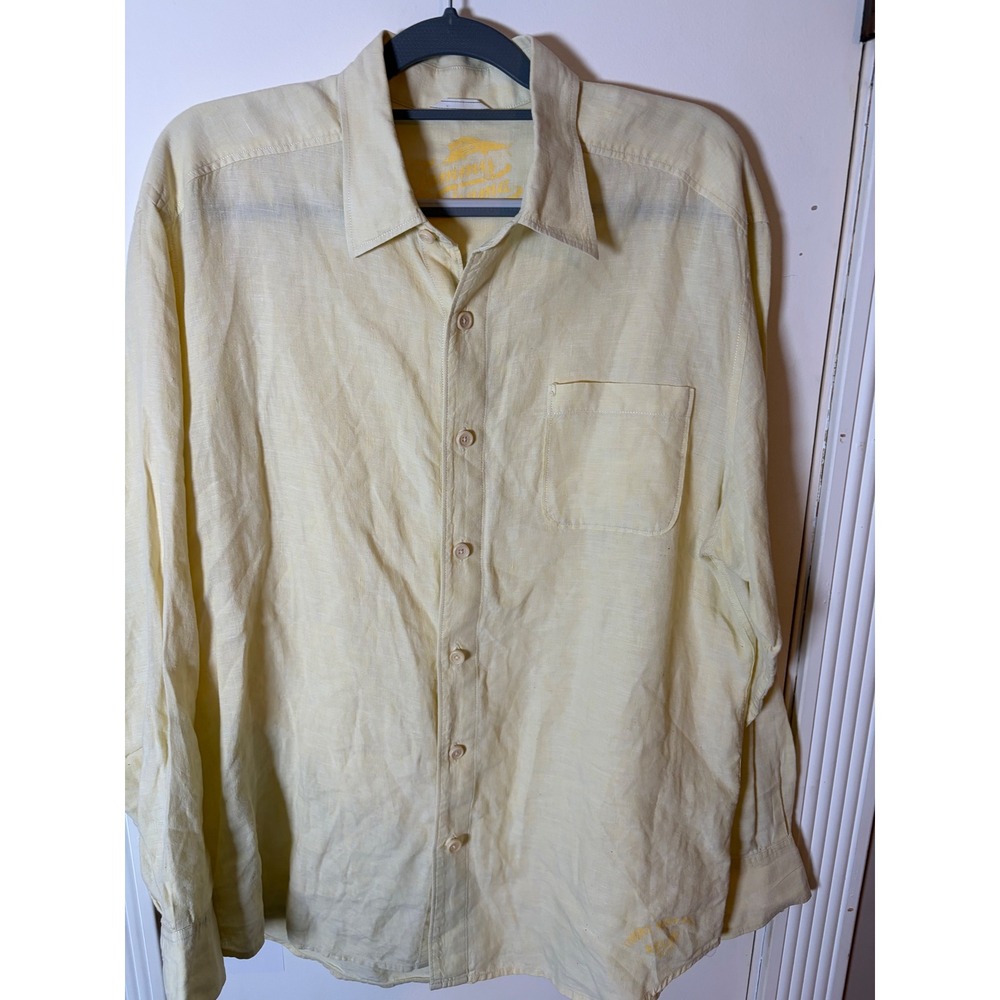 Tommy Bahama Mens Long Sleeve‎ Linen Button Down Shirt Yellow Pocket Large